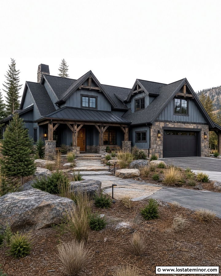 Slate Blue House With Fieldstone And Charcoal Trim - 30 Slate Blue House Design With Trim Ideas