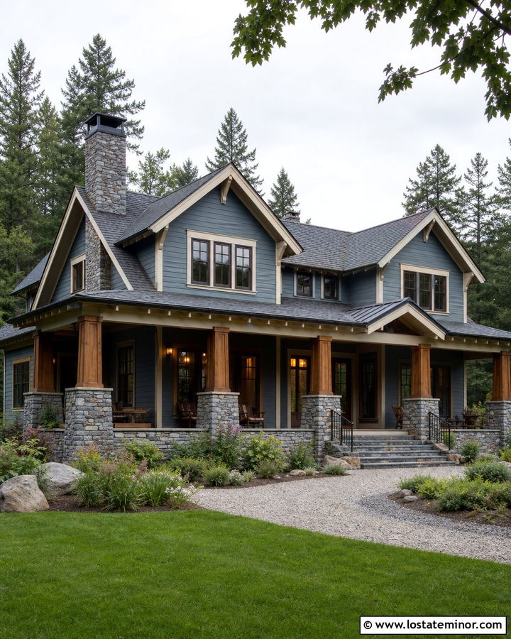 Slate Blue House With Fieldstone Column Bases - 30 Slate Blue House Design With Porch Columns Ideas