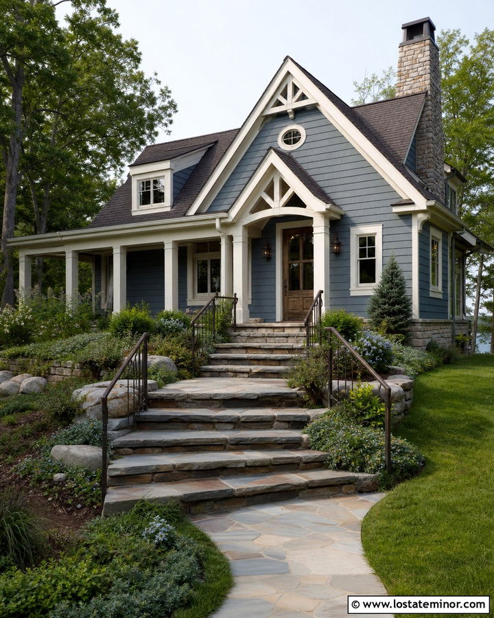 Slate Blue House With Flagstone Steps - 30 Slate Blue House Design With Steps Ideas