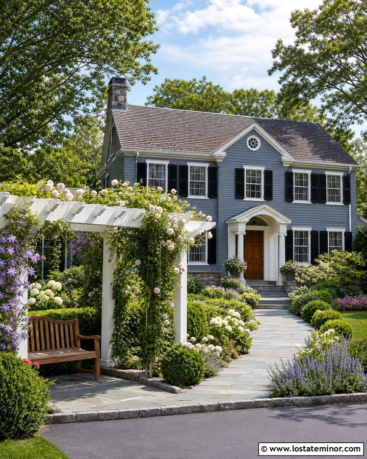 Slate Blue House With Freestanding Garden Pergola - 30 Slate Blue House Design With Pergola Ideas