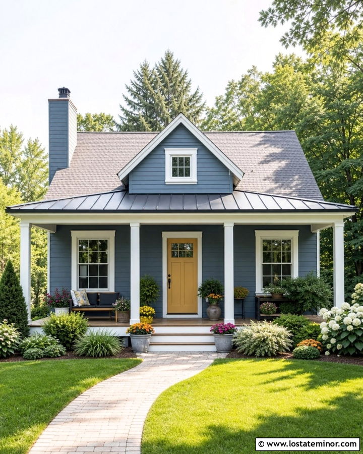 Slate Blue House With Front Porch Awning - 30 Slate Blue House Design With Awning Ideas