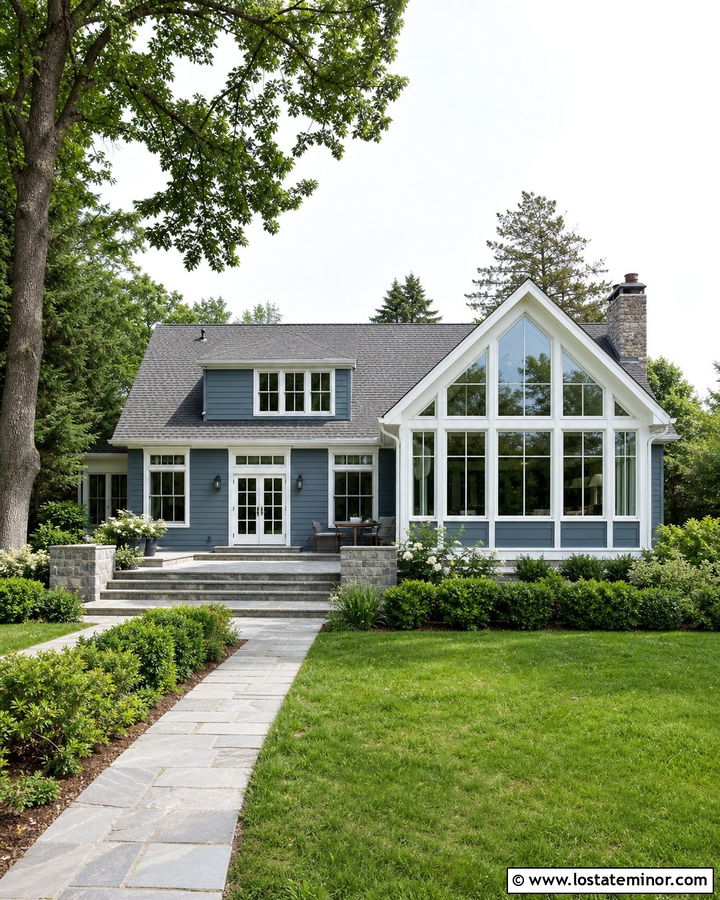 Slate Blue House With Gabled Glass Sunroom - 30 Slate Blue House Design With Sunroom Ideas