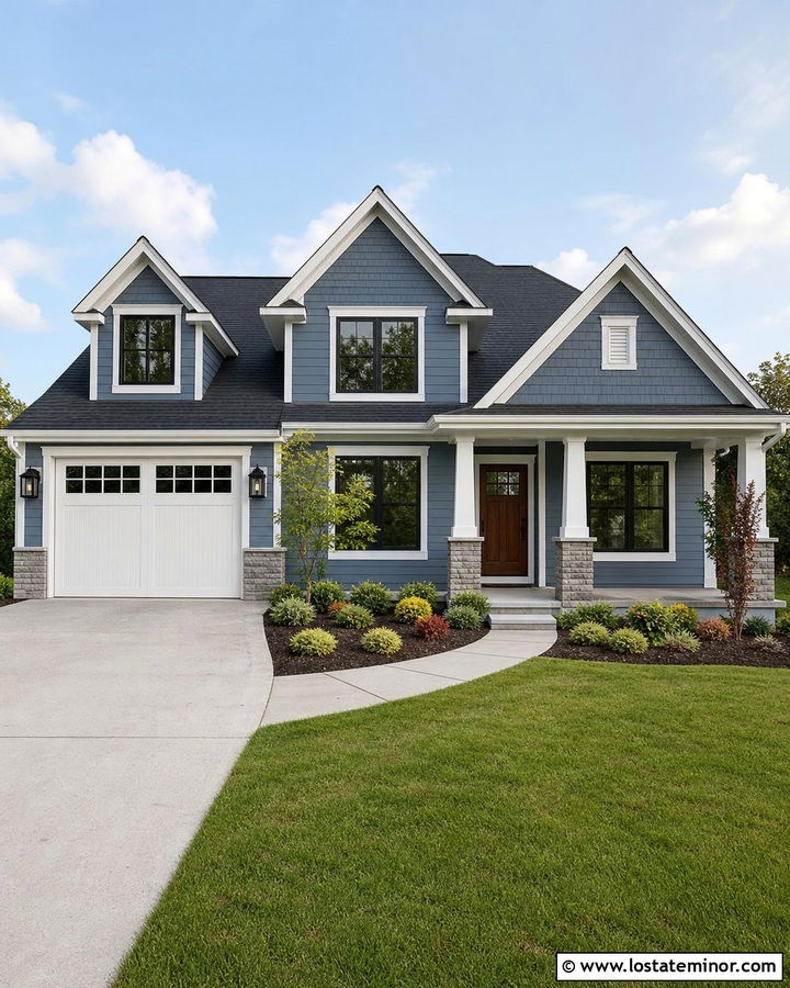 Slate Blue House With Garage And Porch Columns - 30 Slate Blue House Design With Porch Columns Ideas
