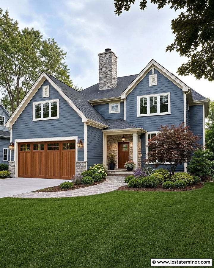 Slate Blue House With Garage And Stone Chimney - 30 Slate Blue House Design With Chimney Ideas