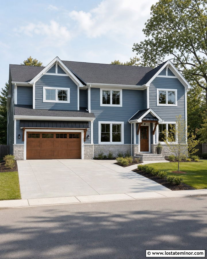 Slate Blue House With Garage Door Awning - 30 Slate Blue House Design With Awning Ideas