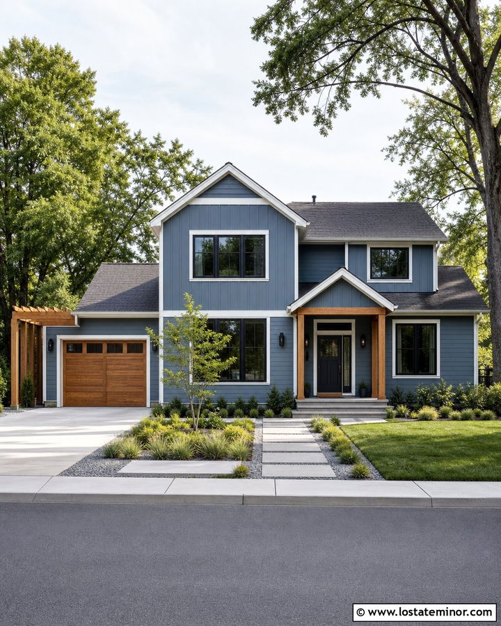 Slate Blue House With Garage Side Pergola - 30 Slate Blue House Design With Pergola Ideas