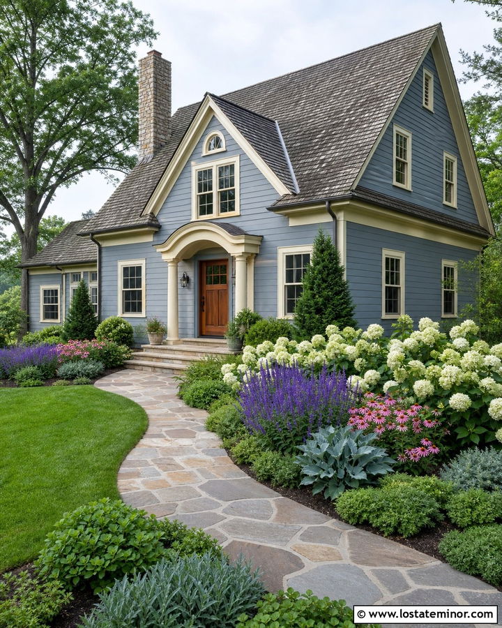 Slate Blue House With Garden Walkway - 30 Slate Blue House Design With Walkway Ideas