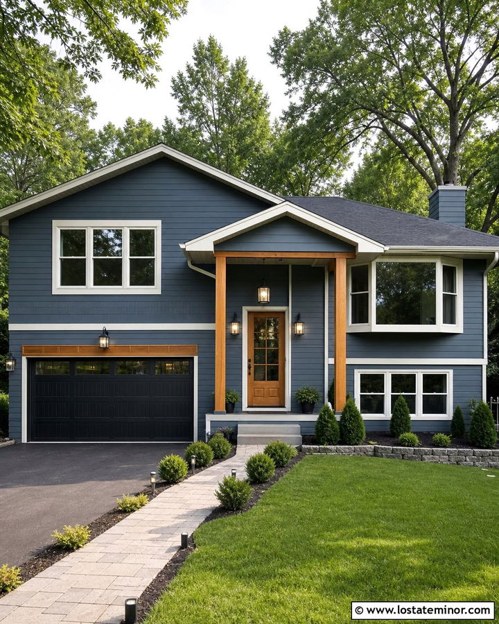 Slate Blue House With Glass Paneled Wood Door - 30 Slate Blue House Design With Entry Door Ideas