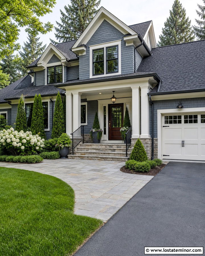 Slate Blue House With Glass Storm Door And Stone Porch - 30 Slate Blue House Design With Storm Door Ideas