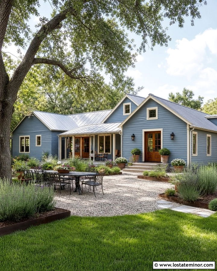 Slate Blue House With Gravel Courtyard - 30 Slate Blue House Design With Backyard Ideas