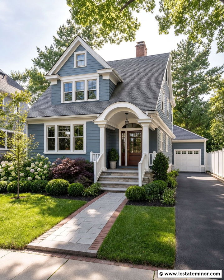 Slate Blue House With Gray Roof And Brick Border Walkway - 30 Slate Blue House Design With Walkway Ideas
