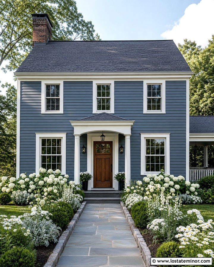 Slate Blue House With Gray Roof And White Flower Border - 30 Slate Blue House Design With Front Yard Ideas