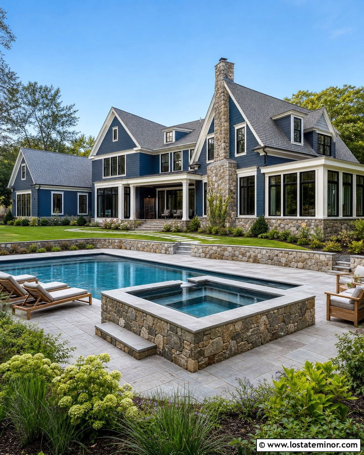 Slate Blue House With Gray Stone And Pool - 30 Slate Blue House Design With Swimming Pool Ideas