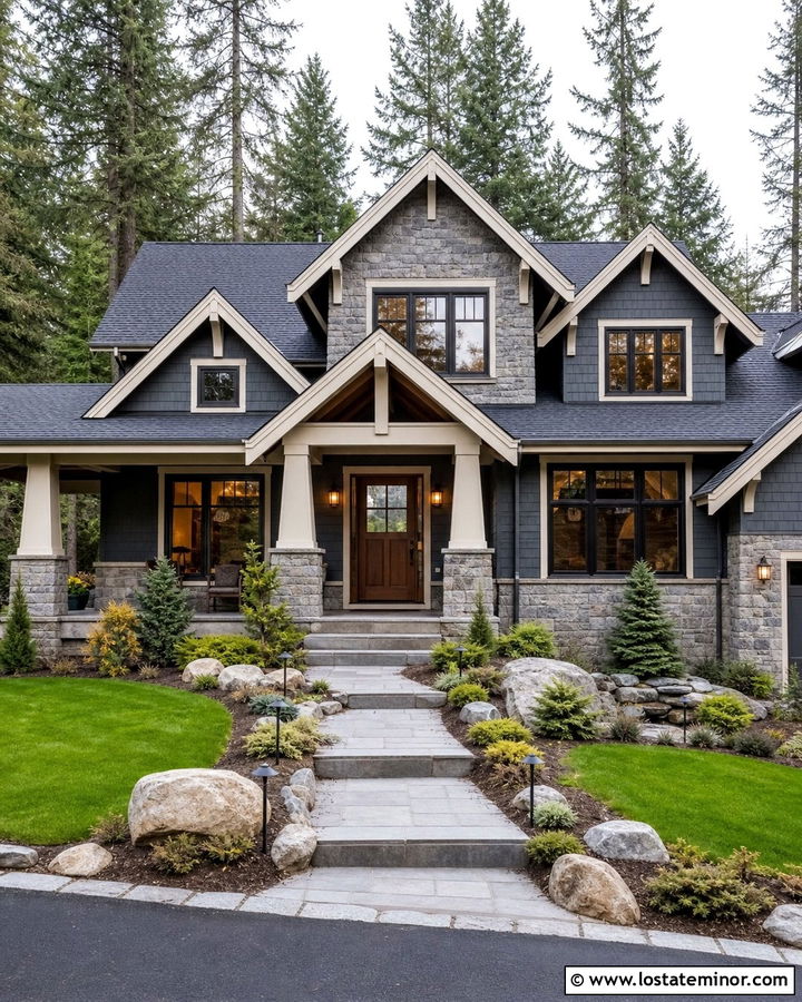 Slate Blue House With Gray Stone Gables - 30 Slate Blue House Design With Gables Ideas