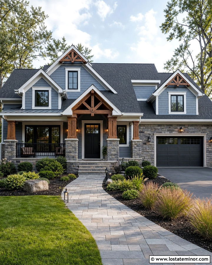 Slate Blue House With Gray Stone Veneer - 30 Slate Blue House Design With Accents Ideas