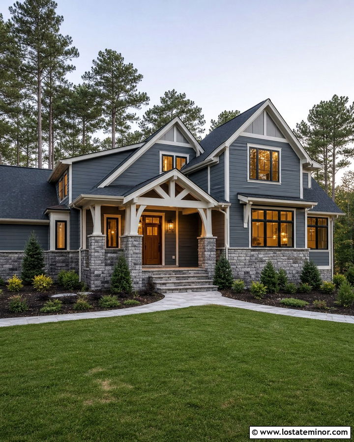 Slate Blue House With Gray Stone - 30 Slate Blue House Design With Siding Ideas