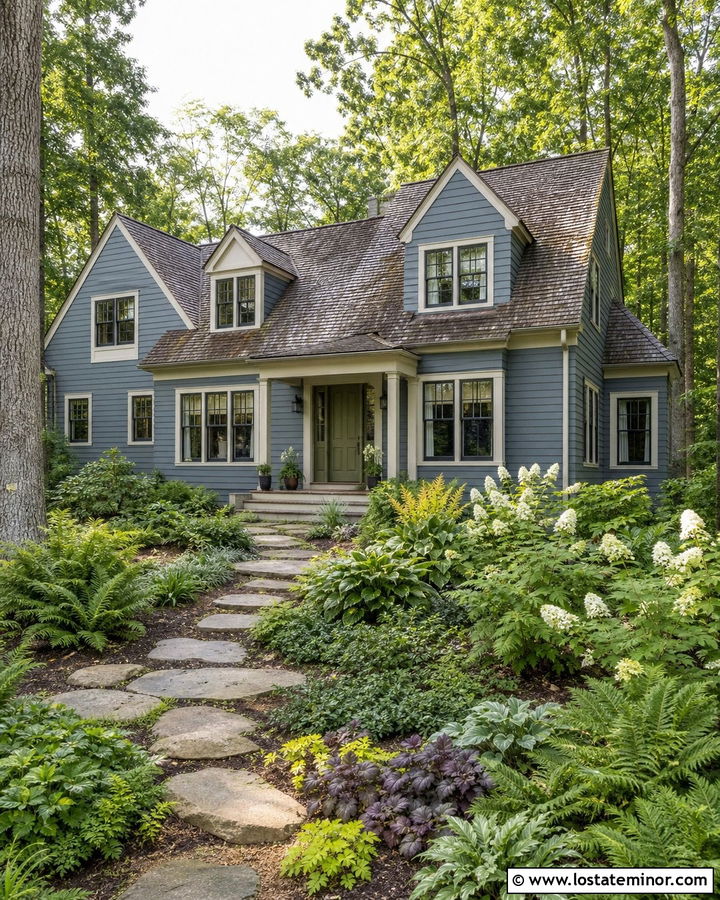 Slate Blue House With Green Door And Woodland Front Yard - 30 Slate Blue House Design With Front Yard Ideas
