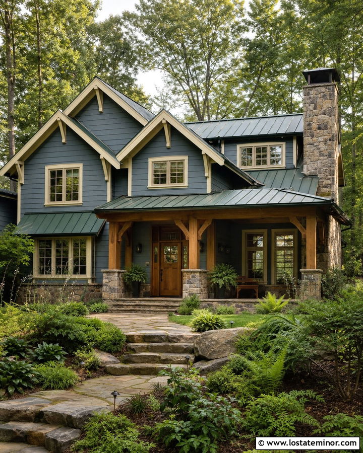 Slate Blue House With Green Metal Awnings - 30 Slate Blue House Design With Awning Ideas