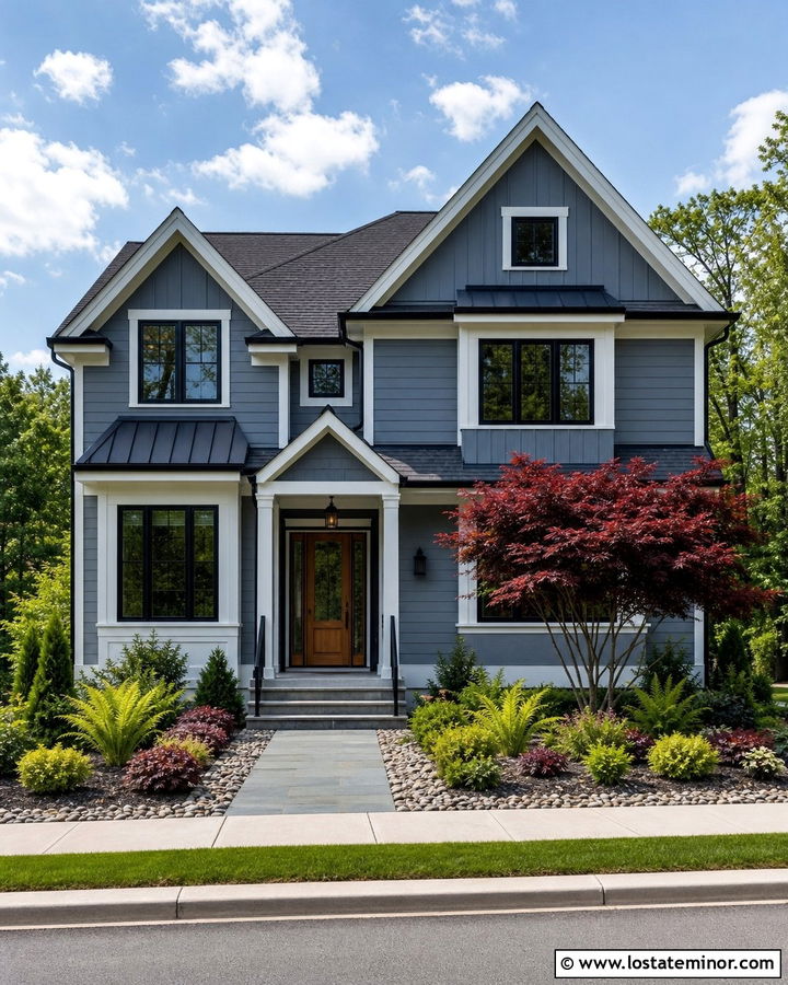 Slate Blue House With Japanese Maple - 30 Slate Blue House Design With Landscaping Ideas
