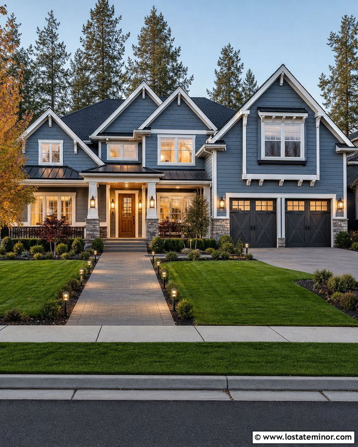 Slate Blue House With Layered Exterior Lighting - 30 Slate Blue House Design With Lighting Ideas