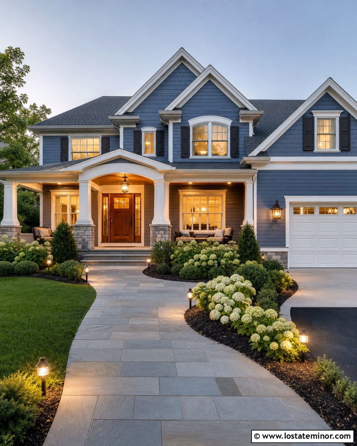 Slate Blue House With Layered Exterior Lighting - 30 Slate Blue House Design With Light Fixtures Ideas