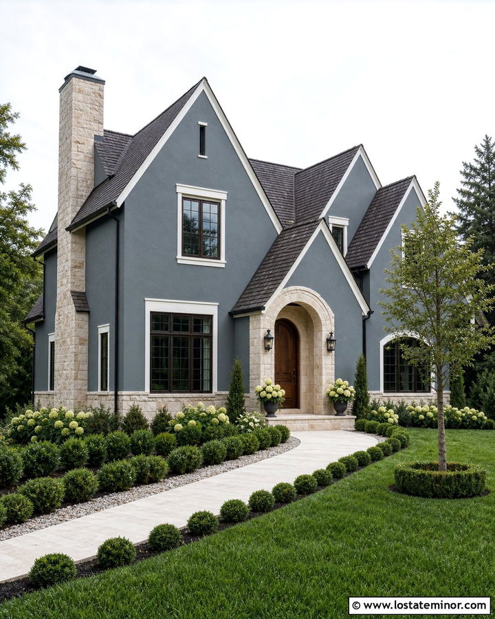 Slate Blue House With Limestone And White Trim - 30 Slate Blue House Design With Trim Ideas