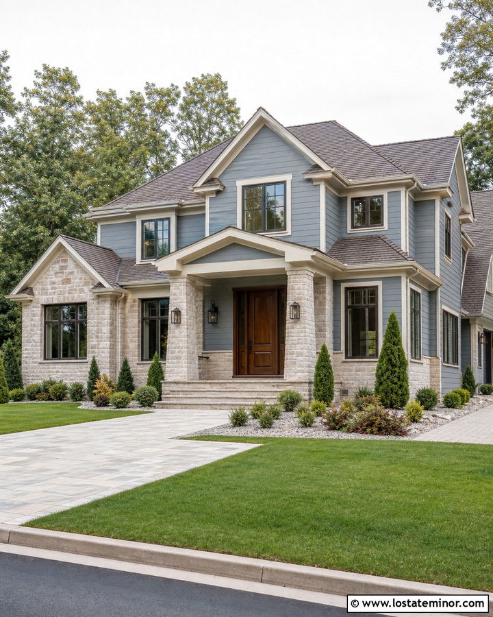 Slate Blue House With Limestone Porch Columns - 30 Slate Blue House Design With Porch Columns Ideas