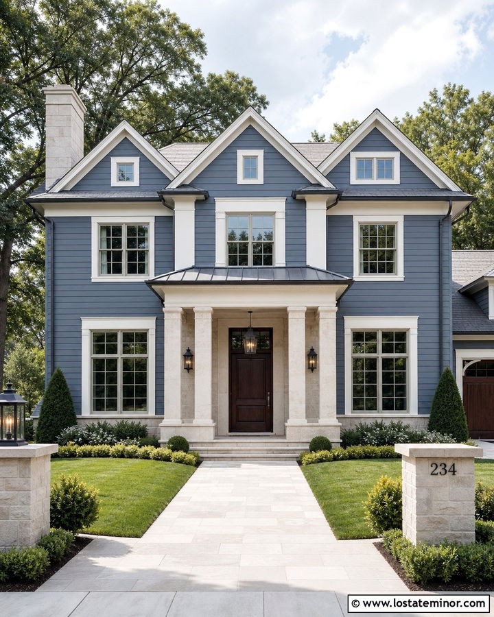 Slate Blue House With Limestone Portico - 30 Slate Blue House Design With Portico Ideas