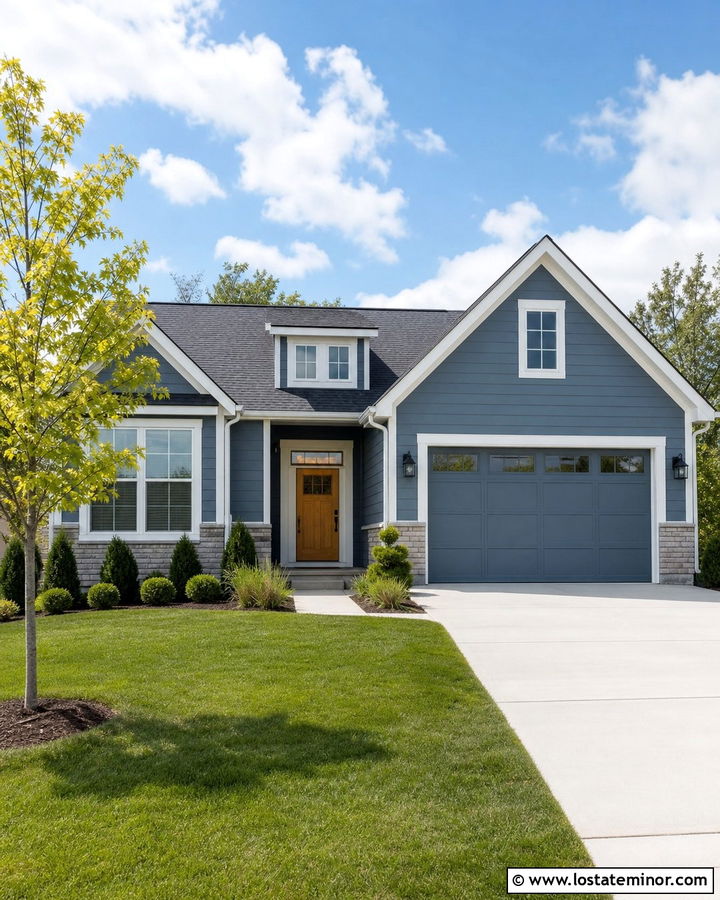 Slate Blue House With Matching Garage And Minimal Front Yard - 30 Slate Blue House Design With Front Yard Ideas