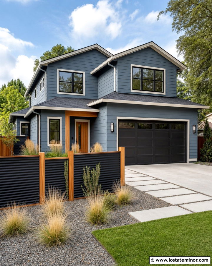 Slate Blue House With Metal And Wood Fence - 30 Slate Blue House Design With Fence Ideas