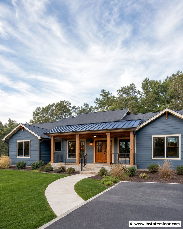Slate Blue House With Metal Porch Roof Columns - 30 Slate Blue House Design With Porch Columns Ideas