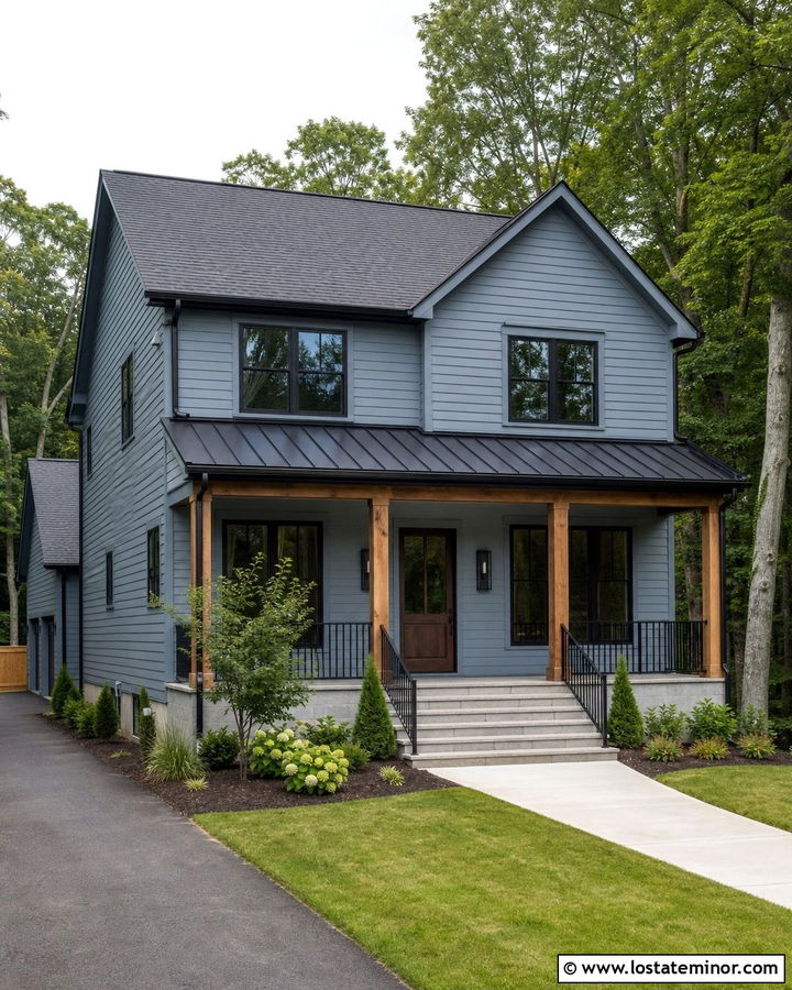 Slate Blue House With Metal Porch Roof - 30 Slate Blue House Design With Front Porch Ideas