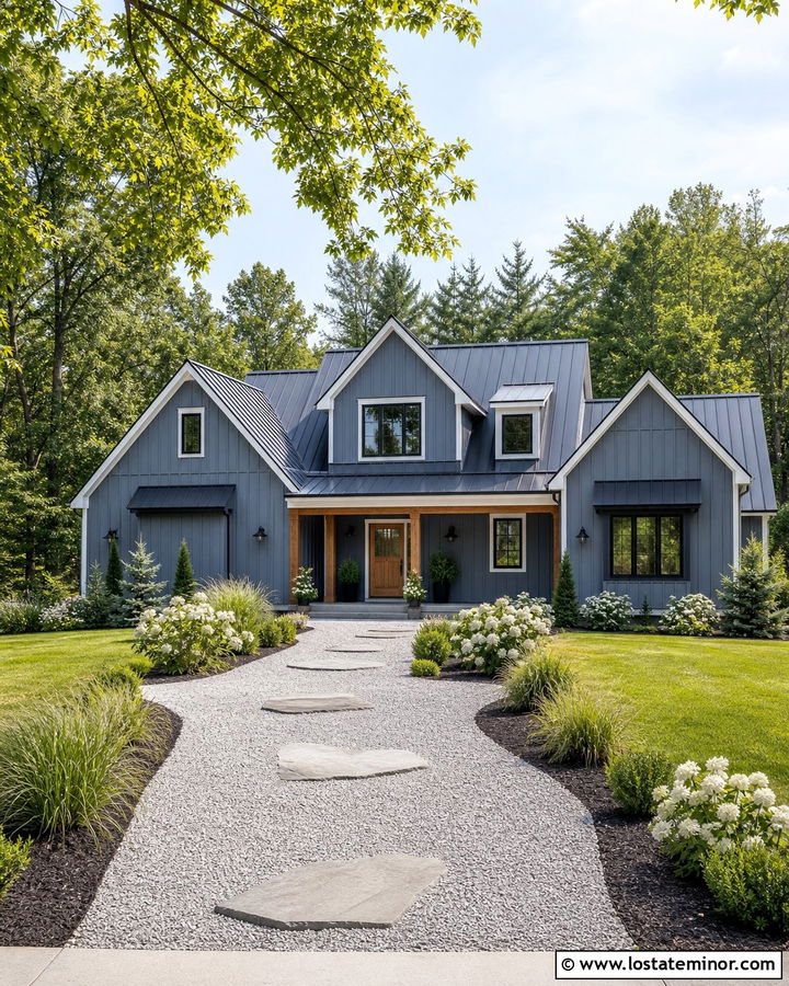 Slate Blue House With Metal Roof And Gravel Walkway - 30 Slate Blue House Design With Walkway Ideas