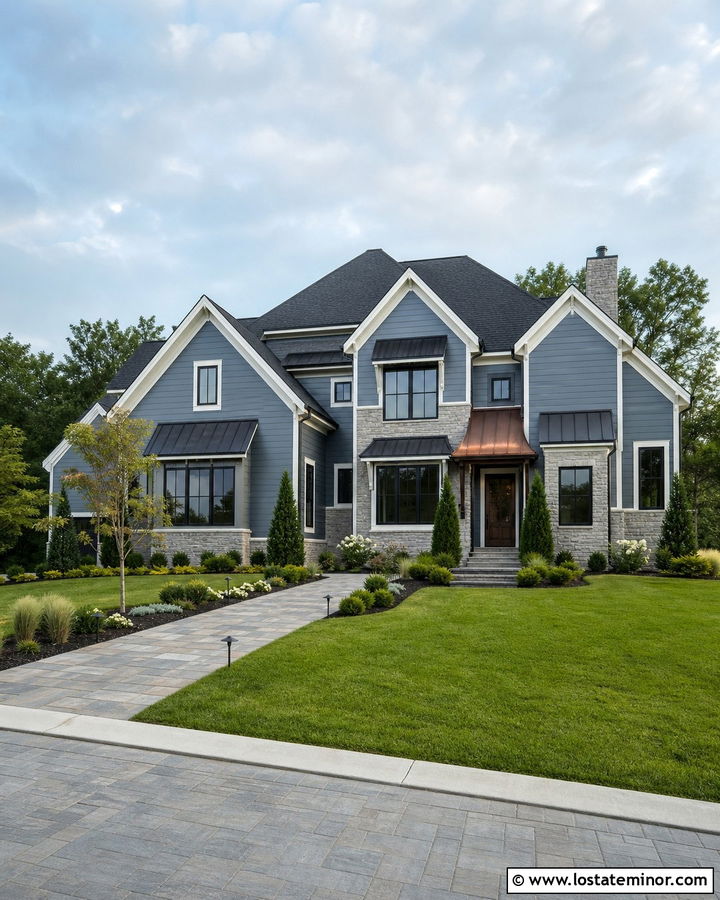 Slate Blue House With Mixed Metal Awnings - 30 Slate Blue House Design With Awning Ideas