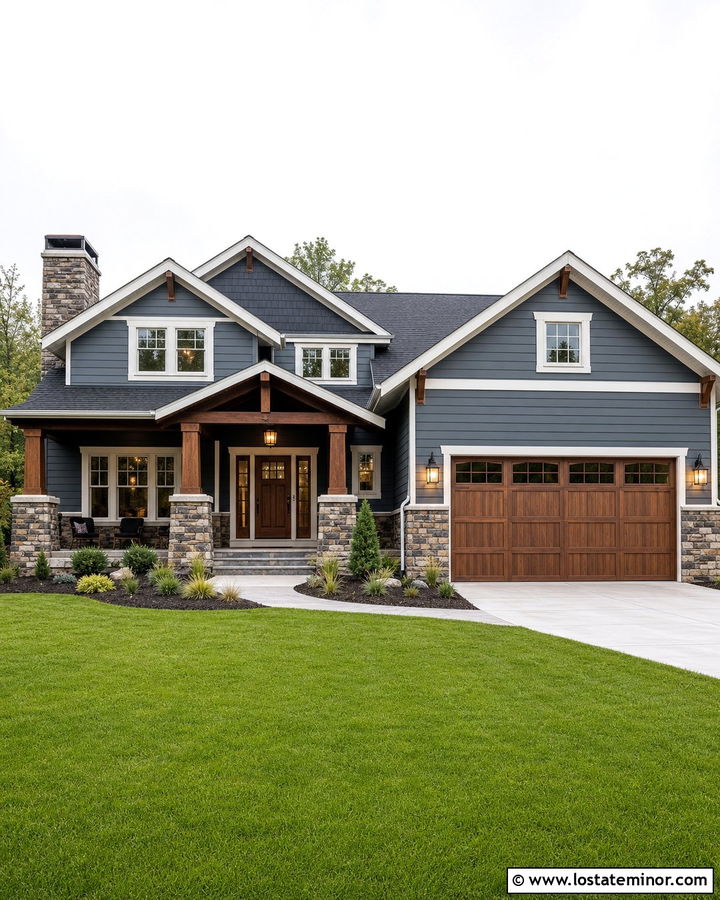 Slate Blue House With Mixed Stone Wainscoting - 30 Slate Blue House Design With Wainscoting Ideas