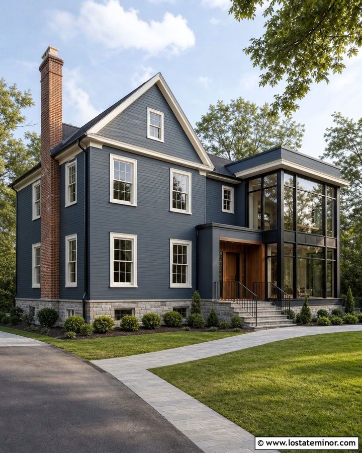 Slate Blue House With Mixed Window Frames - 30 Slate Blue House Design With Window Frames Ideas
