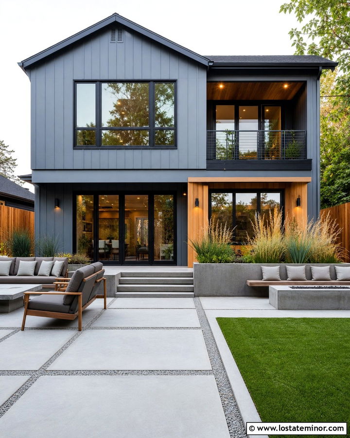 Slate Blue House With Modern Concrete Backyard - 30 Slate Blue House Design With Backyard Ideas