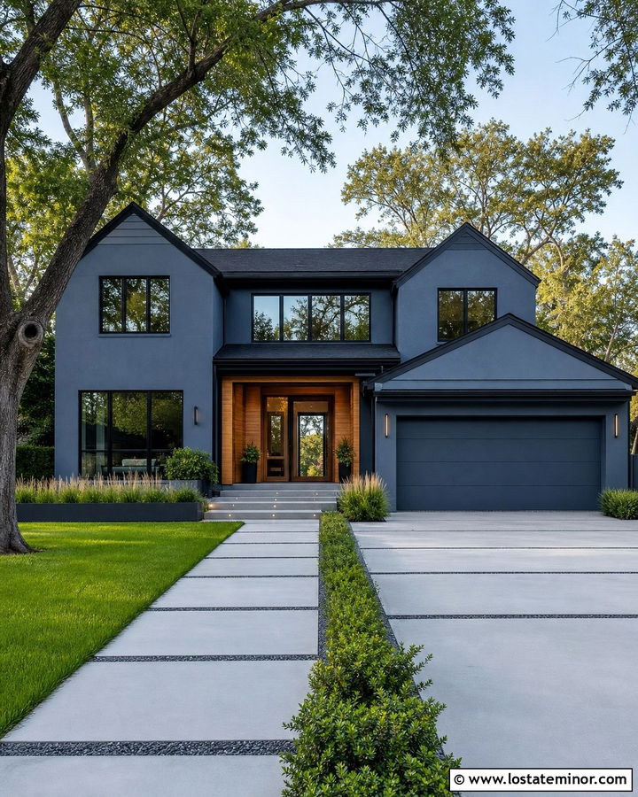 Slate Blue House With Modern Driveway Walkway - 30 Slate Blue House Design With Walkway Ideas