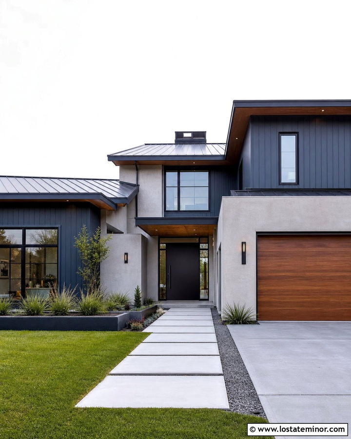 Slate Blue House With Modern Pivot Door - 30 Slate Blue House Design With Entry Door Ideas