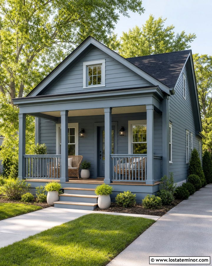 Slate Blue House With Monochromatic Front Porch - 30 Slate Blue House Design With Front Porch Ideas