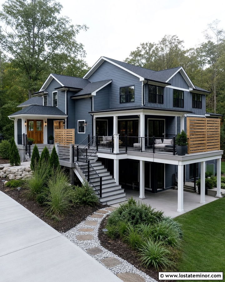 Slate Blue House With Multi Level Deck - 30 Slate Blue House Design With Deck Ideas