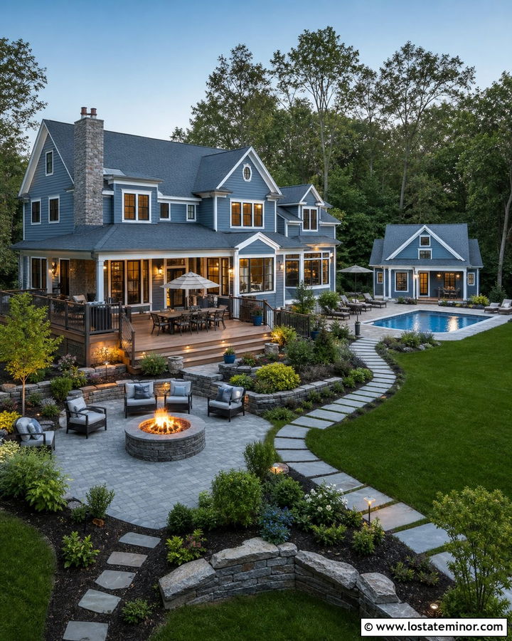 Slate Blue House With Multi Zone Backyard - 30 Slate Blue House Design With Backyard Ideas