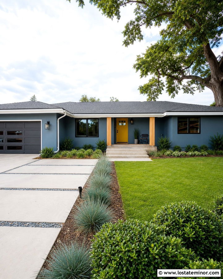 Slate Blue House With Mustard Yellow Door - 30 Slate Blue House Design With Accents Ideas