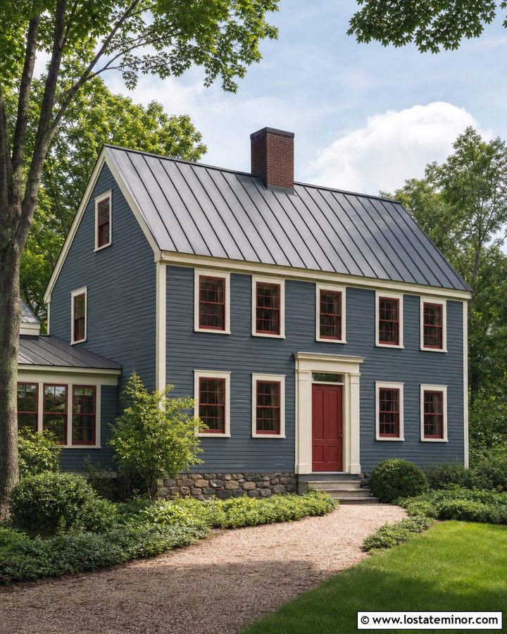 Slate Blue House With Muted Red Window Frames - 30 Slate Blue House Design With Window Frames Ideas
