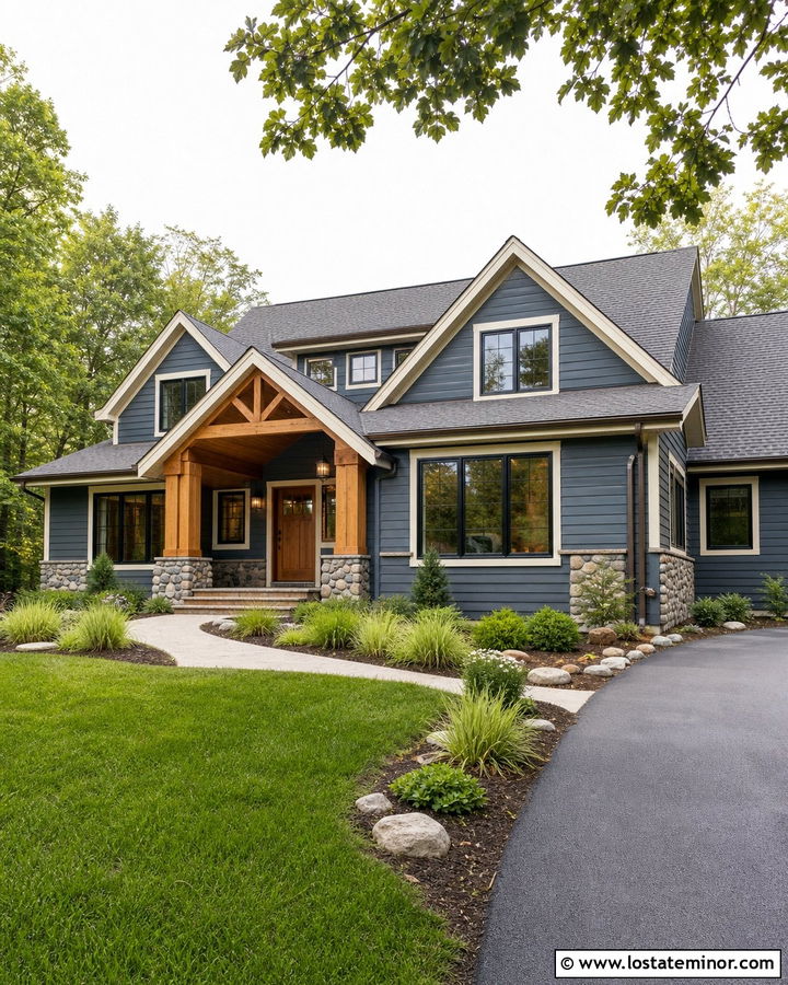 Slate Blue House With Natural Cedar Columns - 30 Slate Blue House Design With Porch Columns Ideas