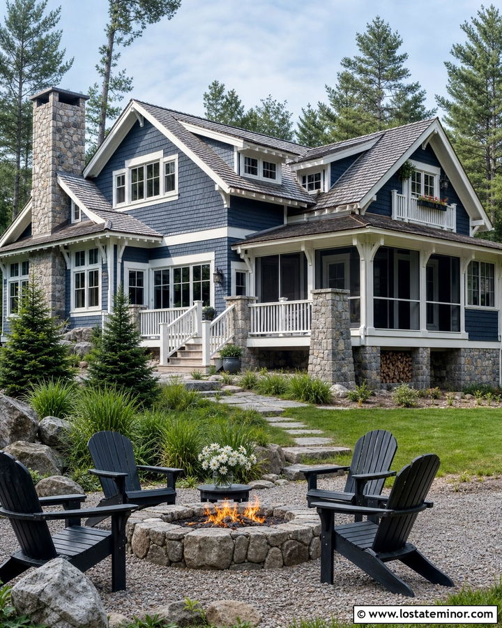 Slate Blue House With Natural Stone Fire Pit - 30 Slate Blue House Design With Backyard Ideas