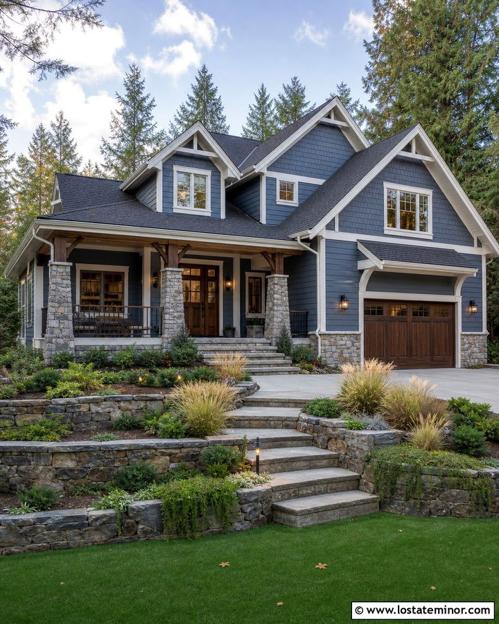 Slate Blue House With Natural Stone Landscaping - 30 Slate Blue House Design With Landscaping Ideas