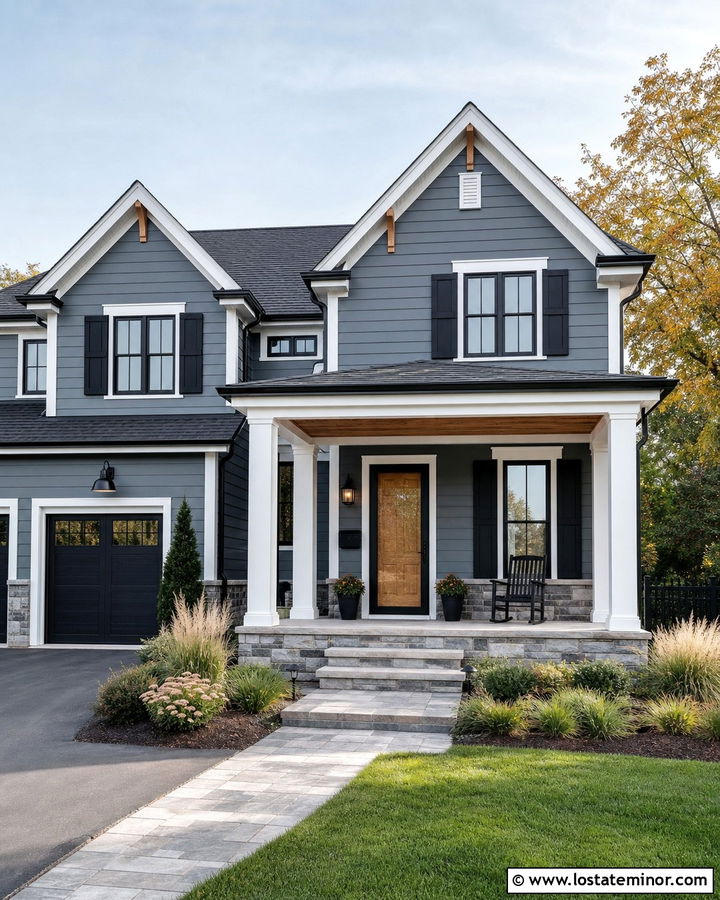 Slate Blue House With Natural Wood Door And Black Storm Door - 30 Slate Blue House Design With Storm Door Ideas