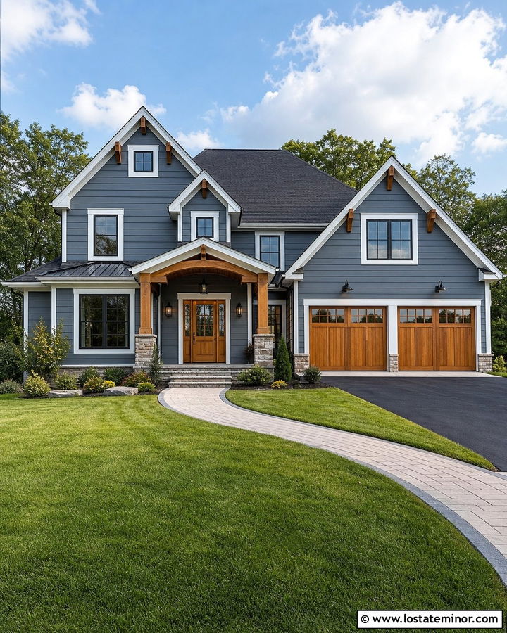 Slate Blue House With Natural Wood Door - 30 Slate Blue House Design With Siding Ideas