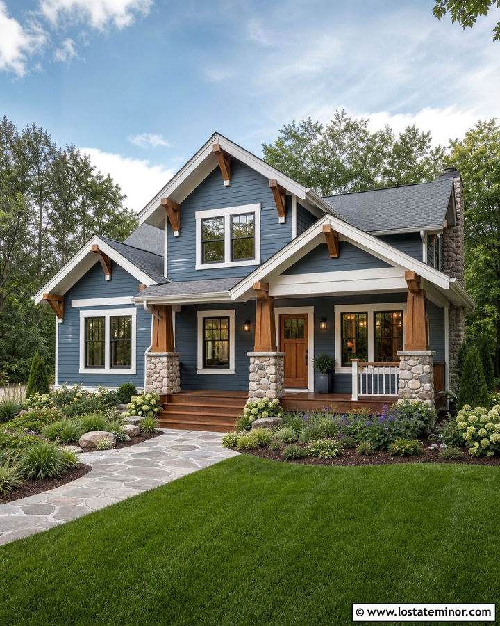 Slate Blue House With Natural Wood Front Door - 30 Slate Blue House Design With Front Door Ideas